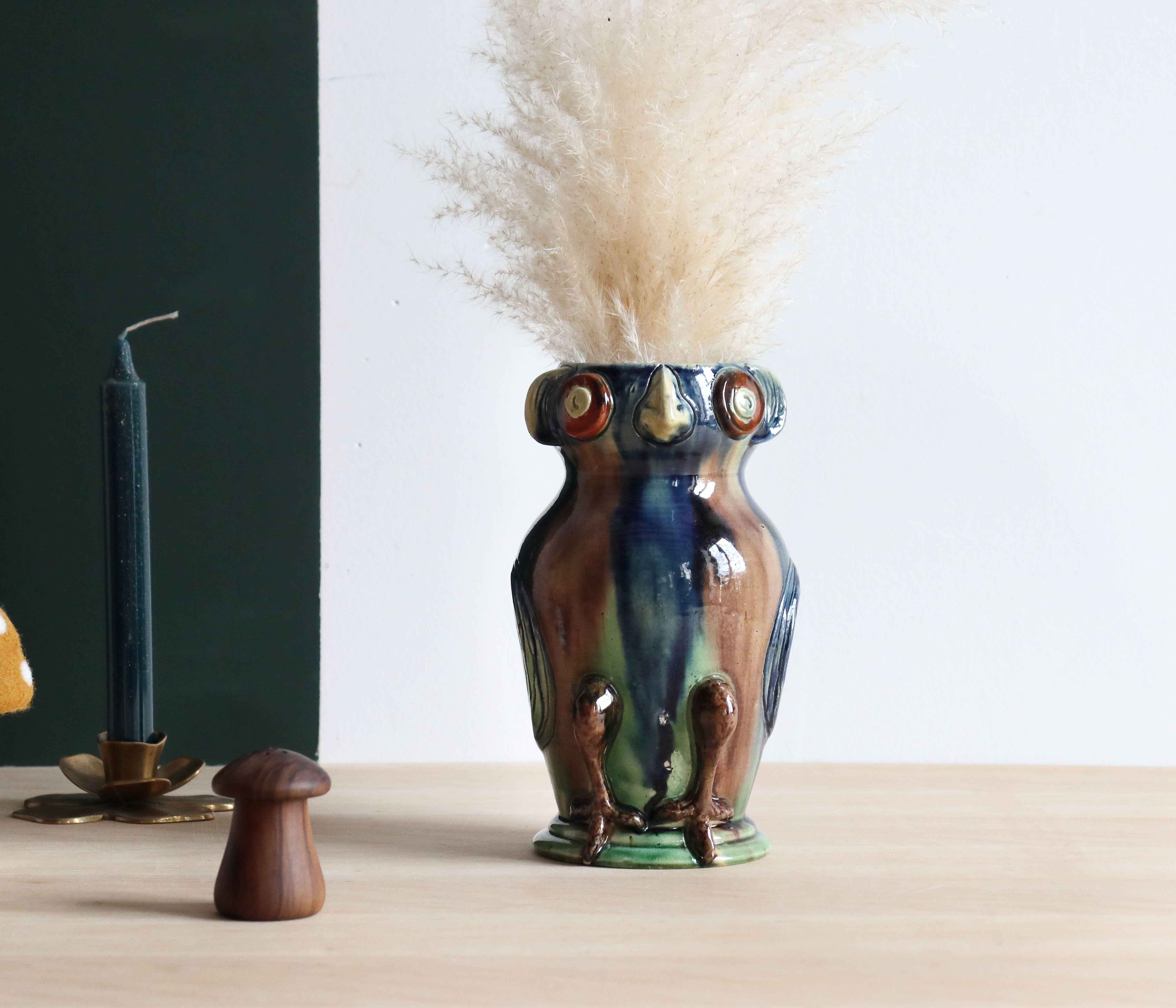 Zoomorphic ceramic owl vase in Flanders earth, Torhout Belgium, Art Nouveau period