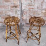 Paire de tabourets de bar bambou & rotin