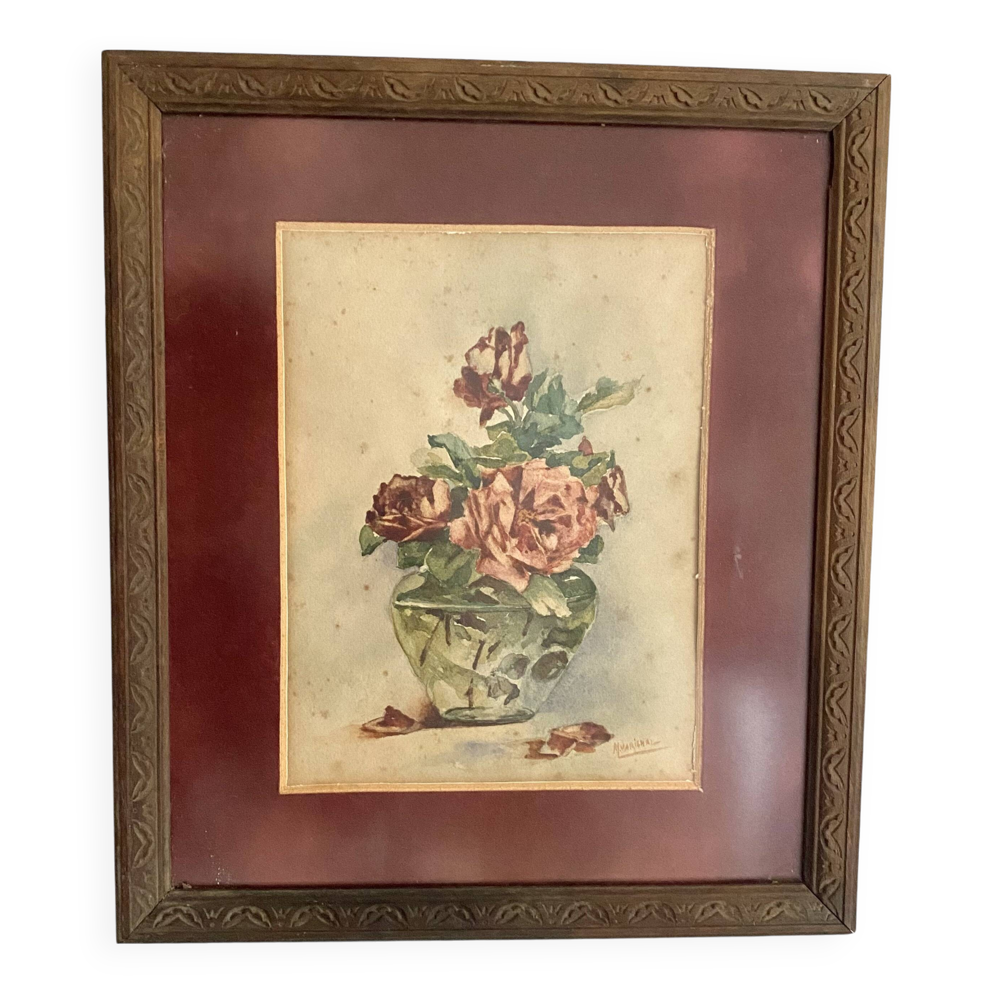 Aquarelle ancienne bouquet de roses