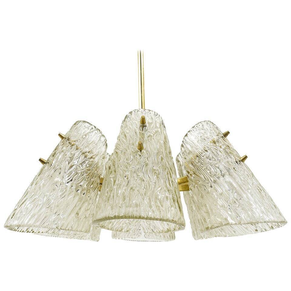 J.T. Kalmar Lustre in Brass, with Textured Glass Shade in Cone Shape, Austria, 1950