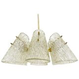 J.T. Kalmar Lustre in Brass, with Textured Glass Shade in Cone Shape, Austria, 1950