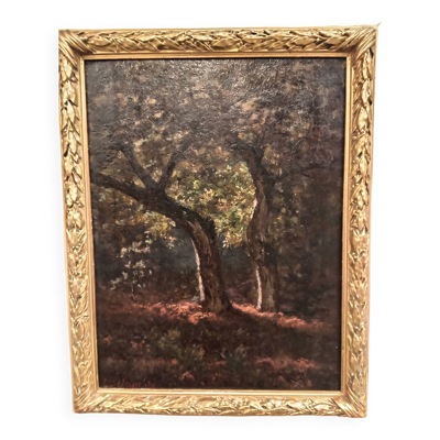 Tableau Clairière clair obscur XIXe signé Pierre Delambre