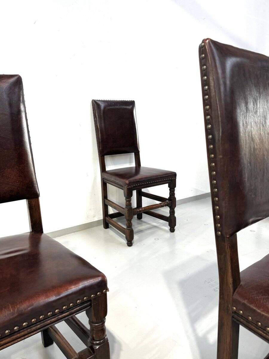 Vintage Handmade French Chairs in Leather & Oak, 1970s.