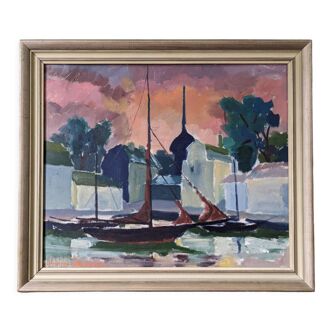 Peinture à l’huile vintage suédoise 1954