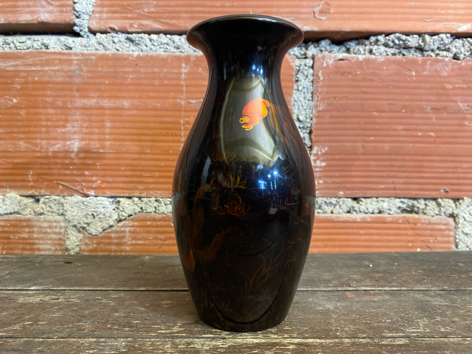 Antique Lacquered Wood Vase Vietnam Koi Carp 3D Vintage