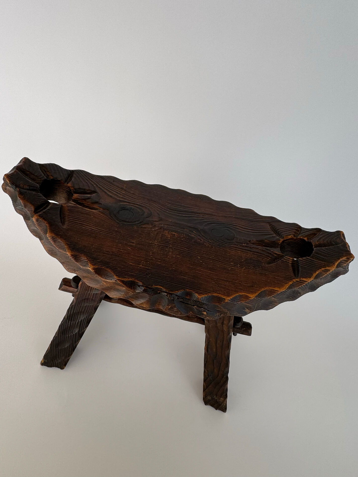 Vintage Brutalist Hand Carved Wooden Stool