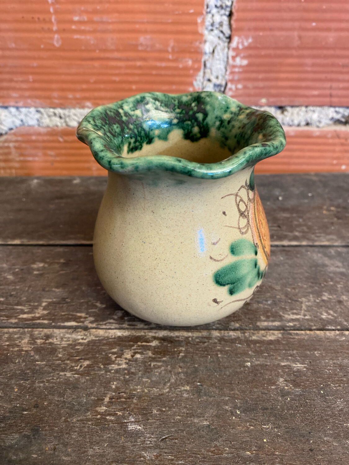 Vintage 1970s Beige Ceramic Vase with Painted Decoration