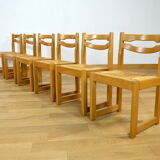 6 vintage chairs in elm - set assisi straw 1970 / 1980