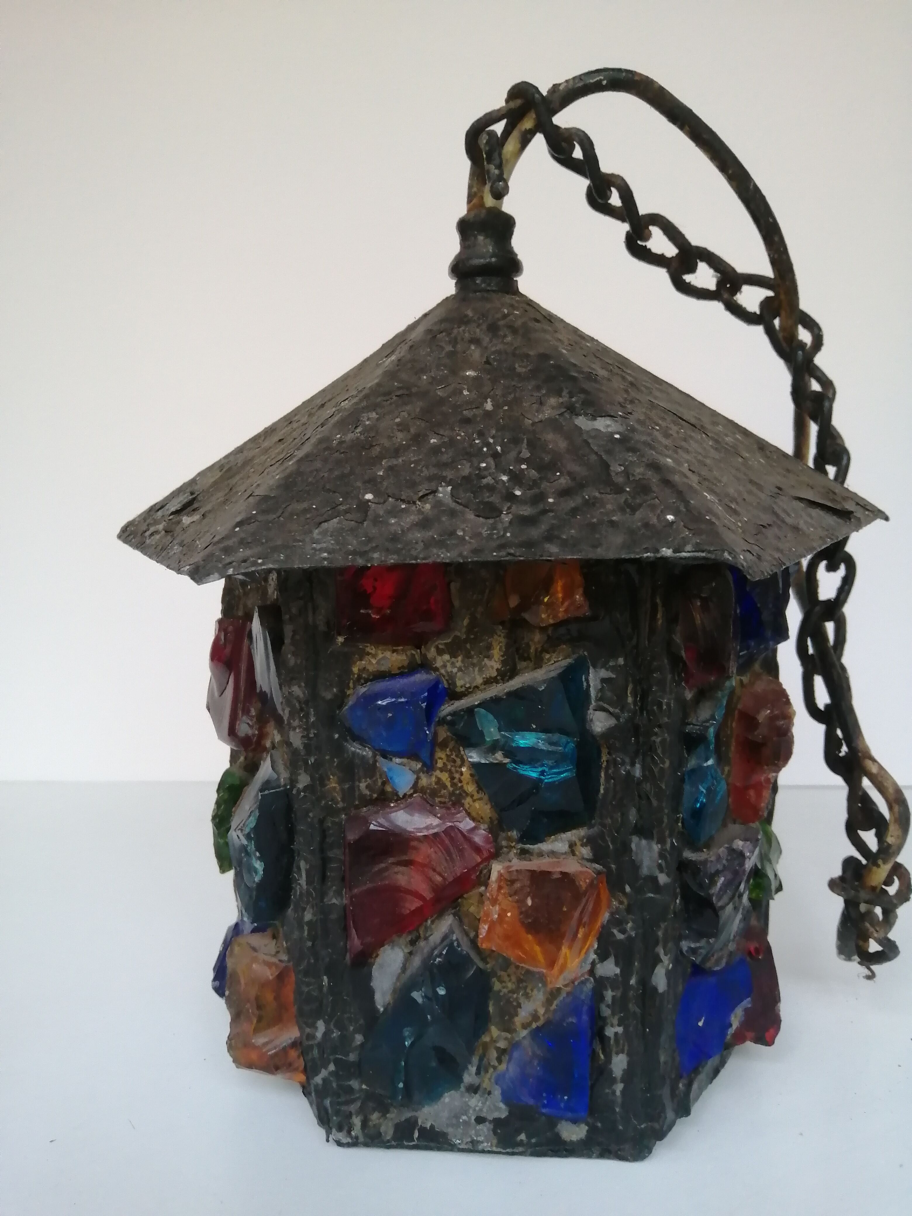 Peter Marsh porch lantern, colored glass, lead and Hammered Sheet metal, 1950s Arts & Crafts