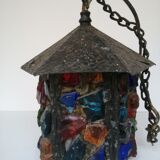 Peter Marsh porch lantern, colored glass, lead and Hammered Sheet metal, 1950s Arts & Crafts