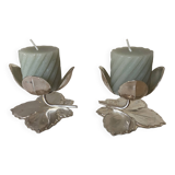 Set of 2 Silver Candle Holders - Tulip Shape on Vine Leaf