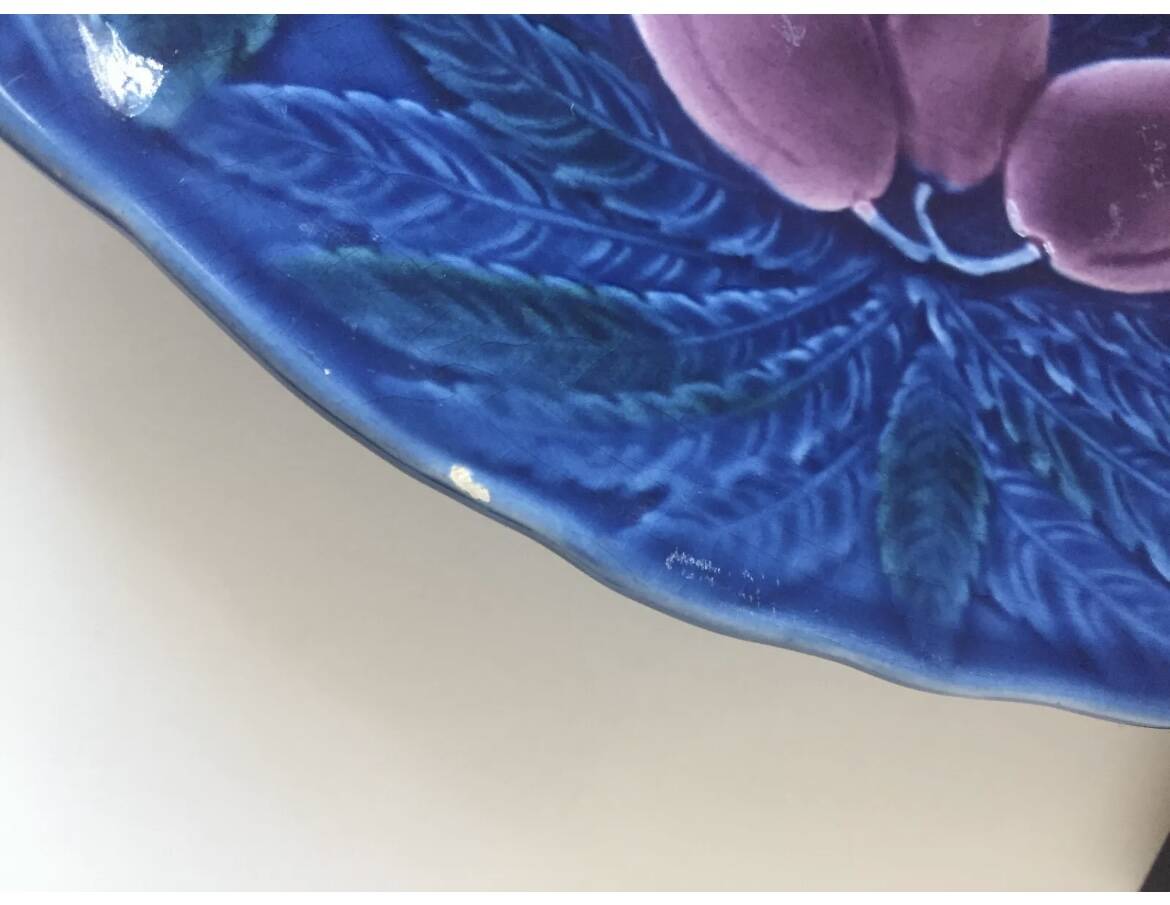 Large Sarreguemines blue slipware fruit bowl