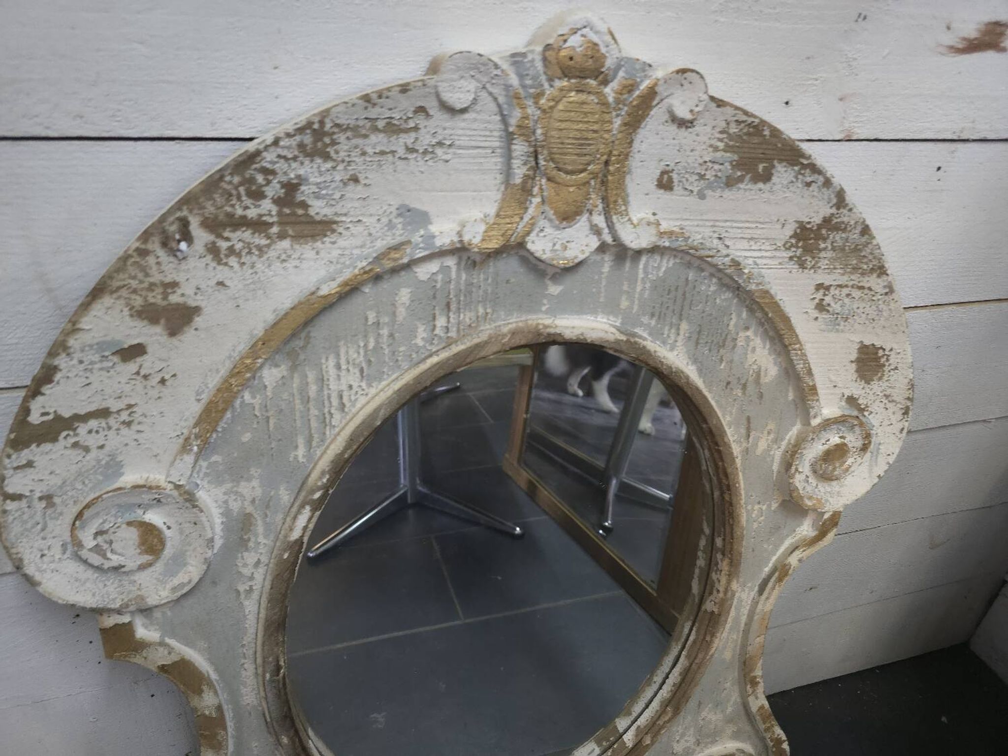 Miroir œil de boeuf en bois patiné