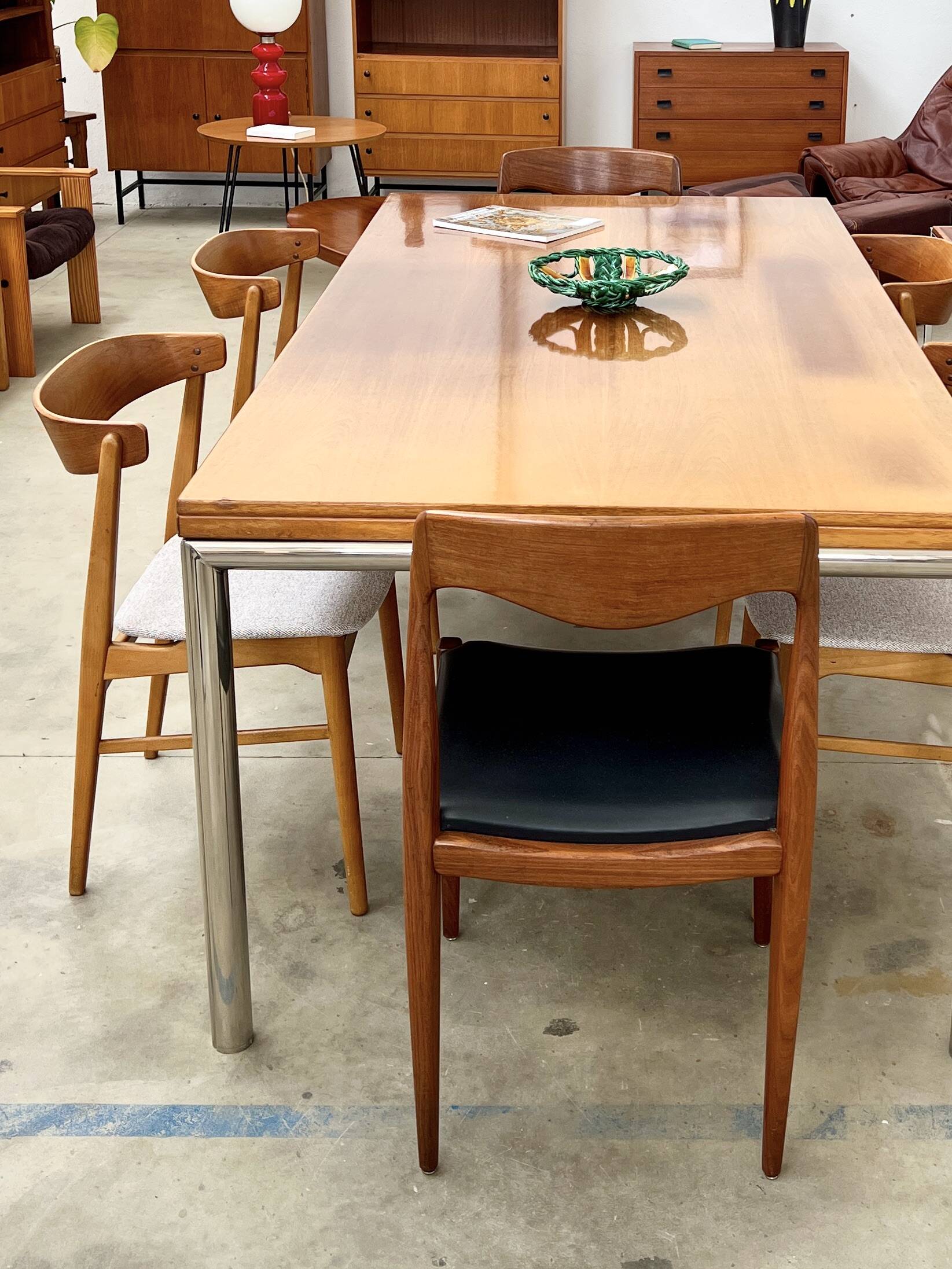 Italian walnut and chrome dining table with 4 drawers