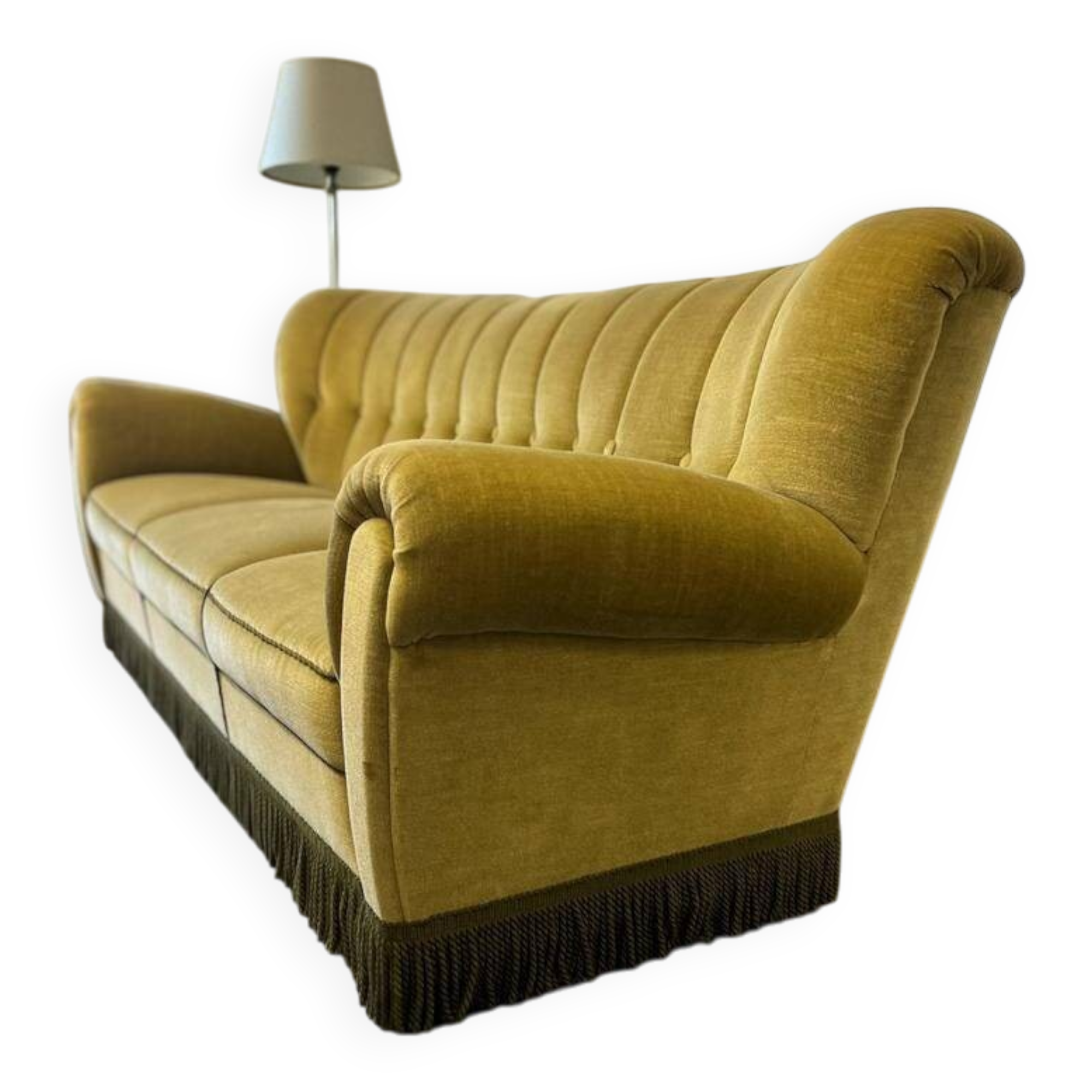 Canapé vintage jaune-vert / sofa / trois places avec franges