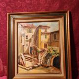 Oil painting on canvas Provençal landscape santons framed signed