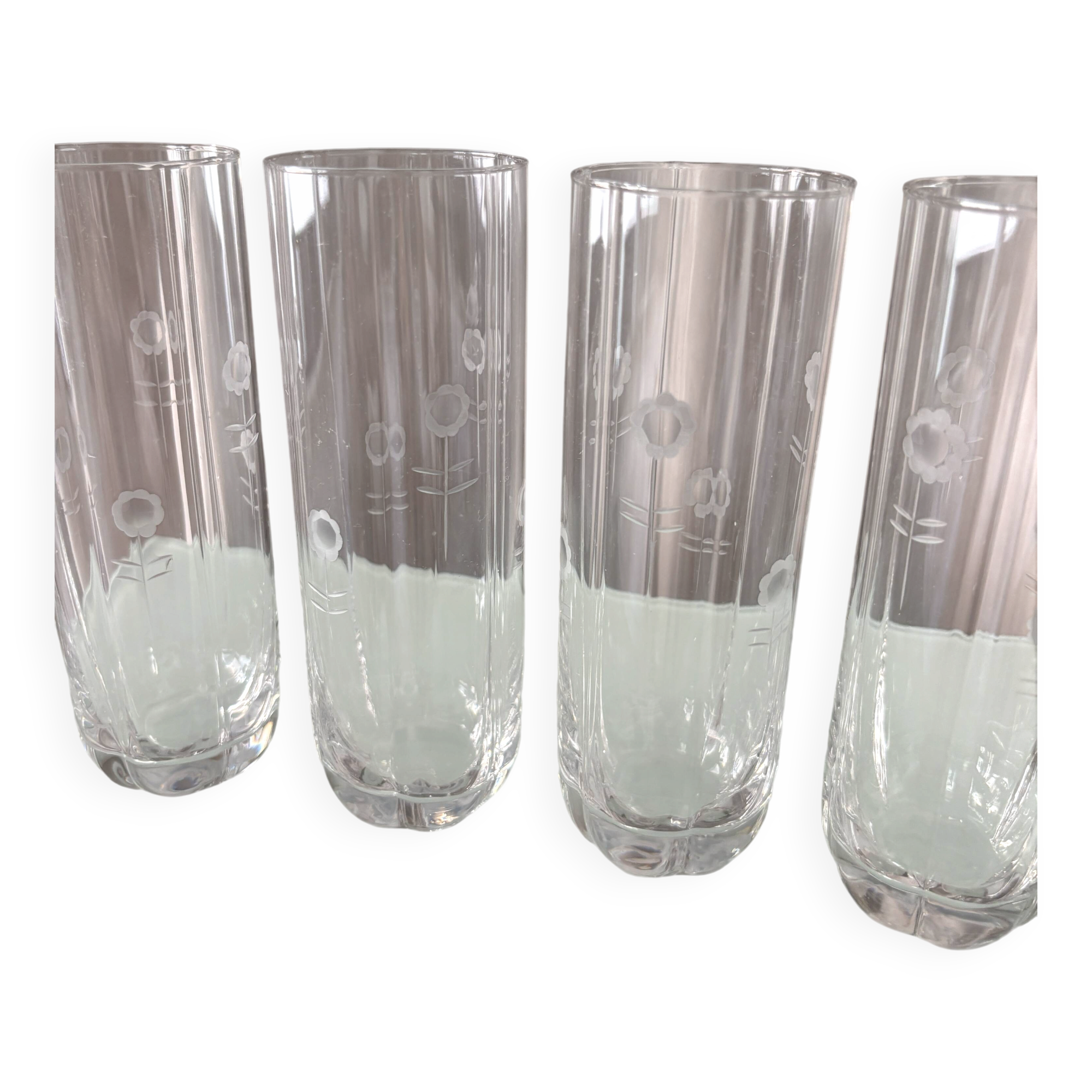 Set of 4 Vintage Etched Floral Highball Glasses