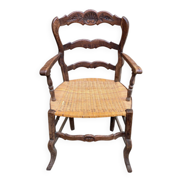 Fauteuil de bureau bois massif et rotin du 19ème Louis XV