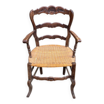 Fauteuil de bureau bois massif et rotin du 19ème Louis XV