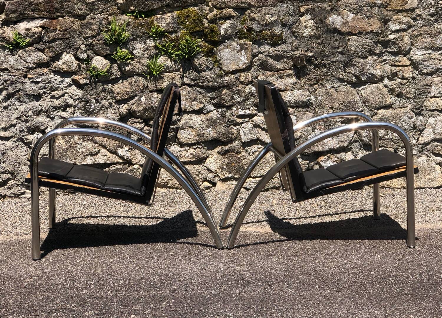 Pair of 2 atypical armchairs wood, chrome and leather vintage 1980