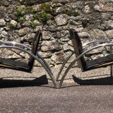 Pair of 2 atypical armchairs wood, chrome and leather vintage 1980