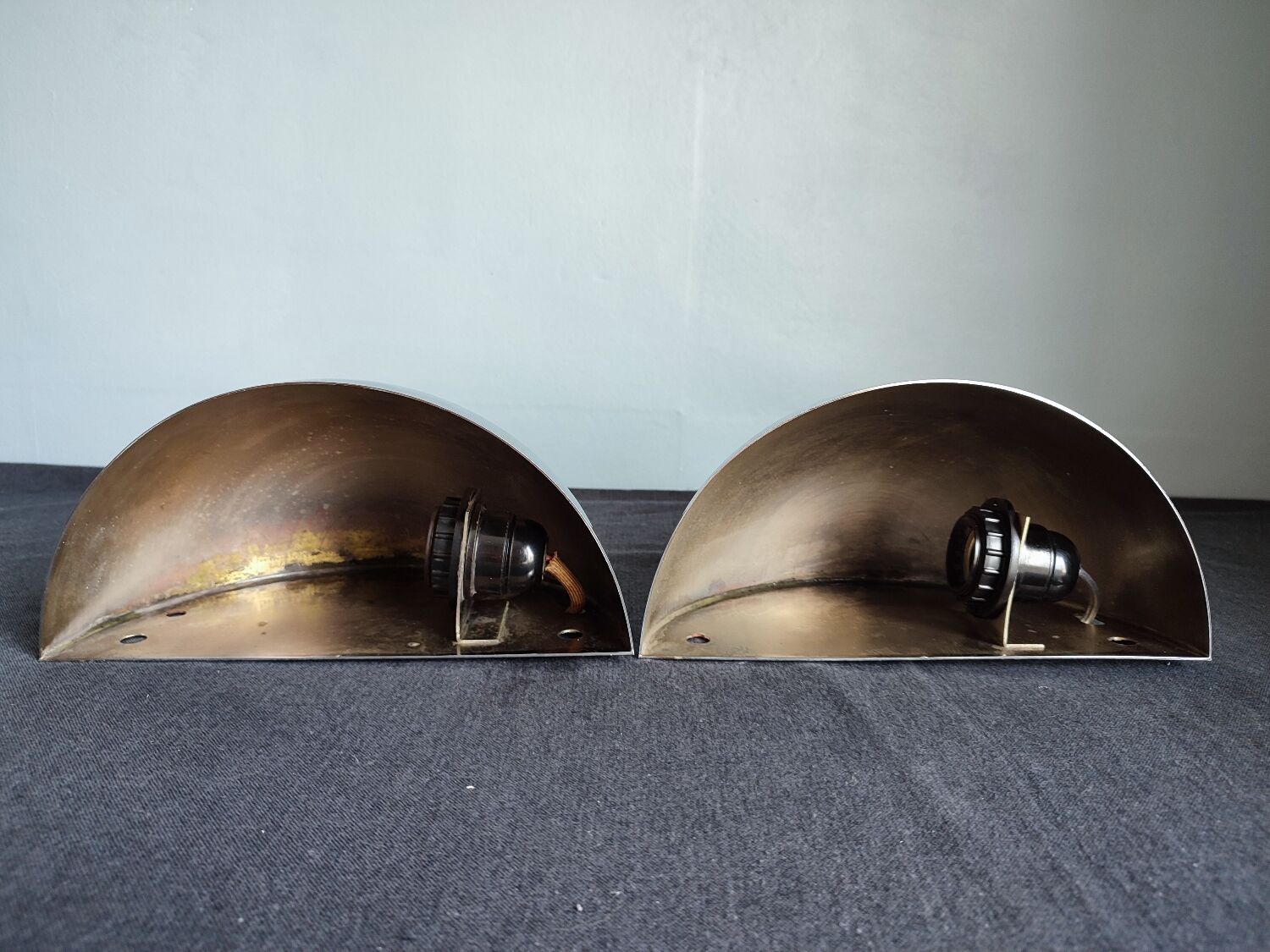 Pair of vintage chromed metal half-moon wall lamp
