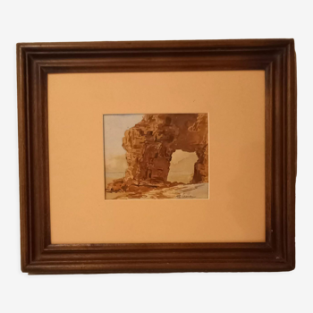 Tableau ancien, aquarelle représentant une falaise en bord de mer