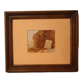 Old painting, watercolor representing a cliff by the sea