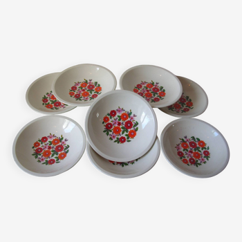 Lot of 9 old Gien soup plates Coralie model 1970s/80s floral decor