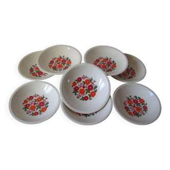 Lot of 9 old Gien soup plates Coralie model 1970s/80s floral decor