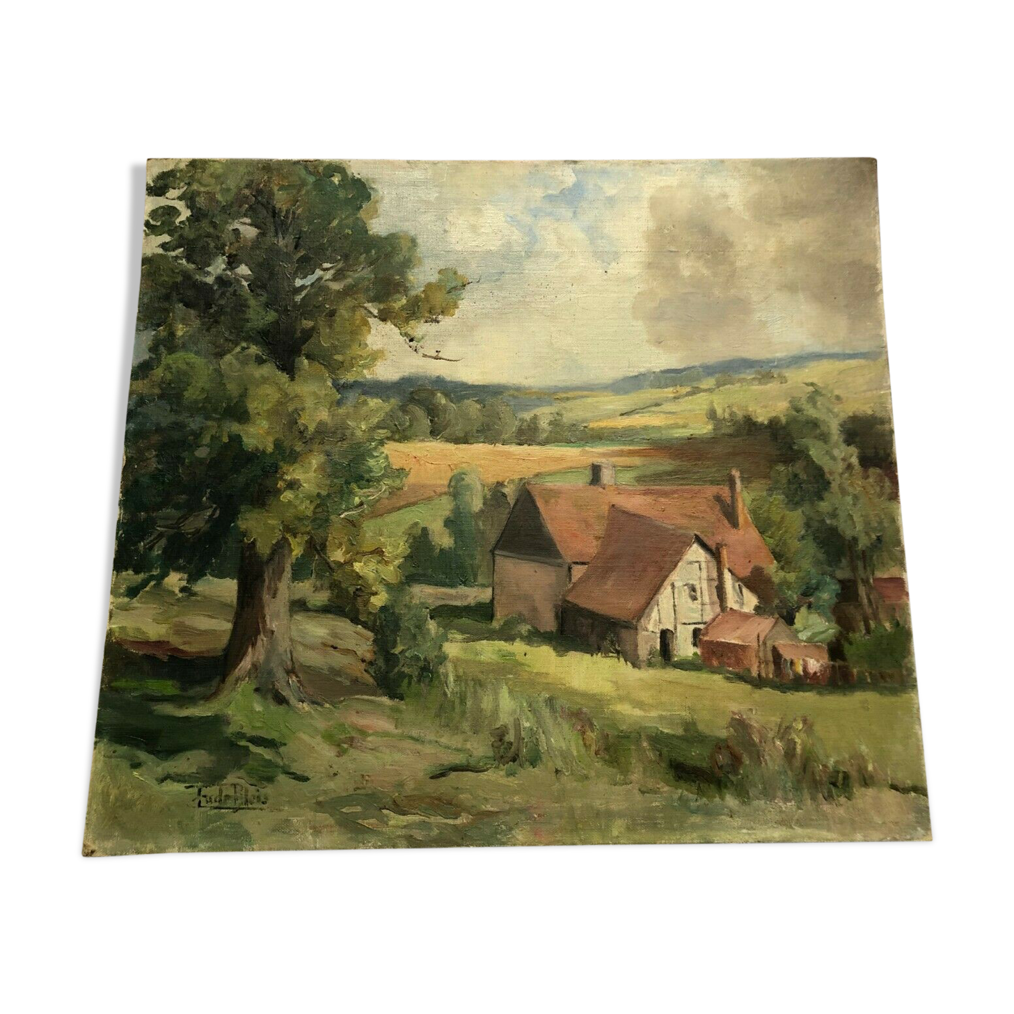 Oil on cardboard landscape 20th century sign Fude Plois 20th century