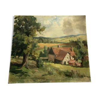 Oil on cardboard landscape 20th century sign Fude Plois 20th century