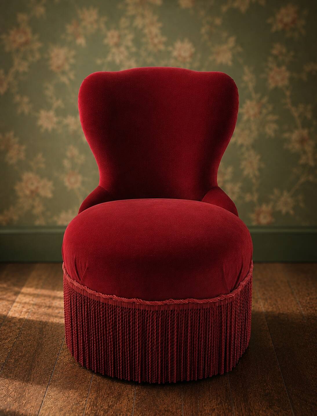 Vintage burgundy velvet armchair with fringes – theatrical and elegant