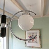 Chrome chandelier with 3 white glass spheres, 70s