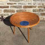 Round coffee table deco tray in rattan and ceramics