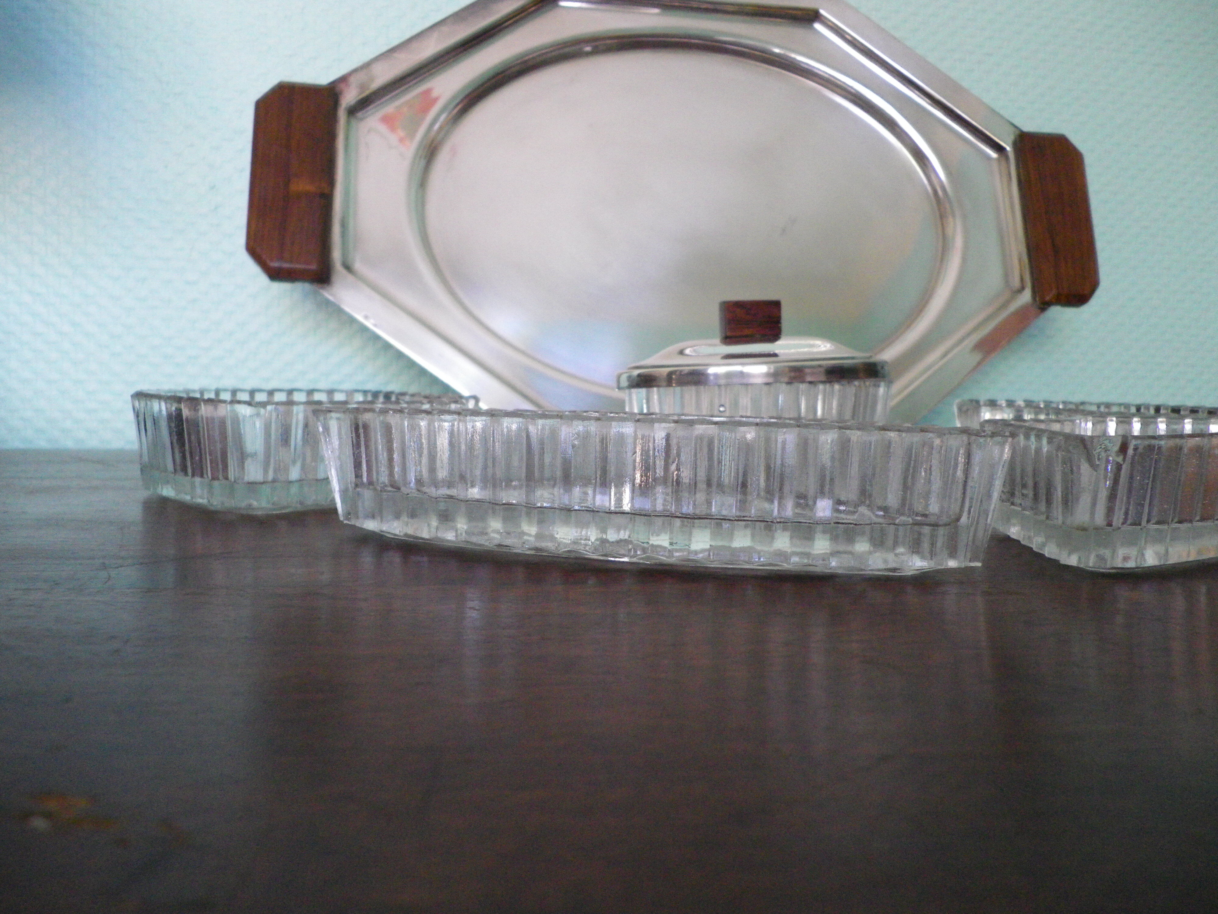 5-compartment thick glass servant - Silver metal with punch - Wooden handles - 1950/60