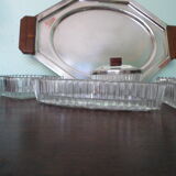 5-compartment thick glass servant - Silver metal with punch - Wooden handles - 1950/60