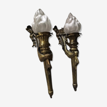 Paire d'appliques flambeaux ou torches bronze XIXème