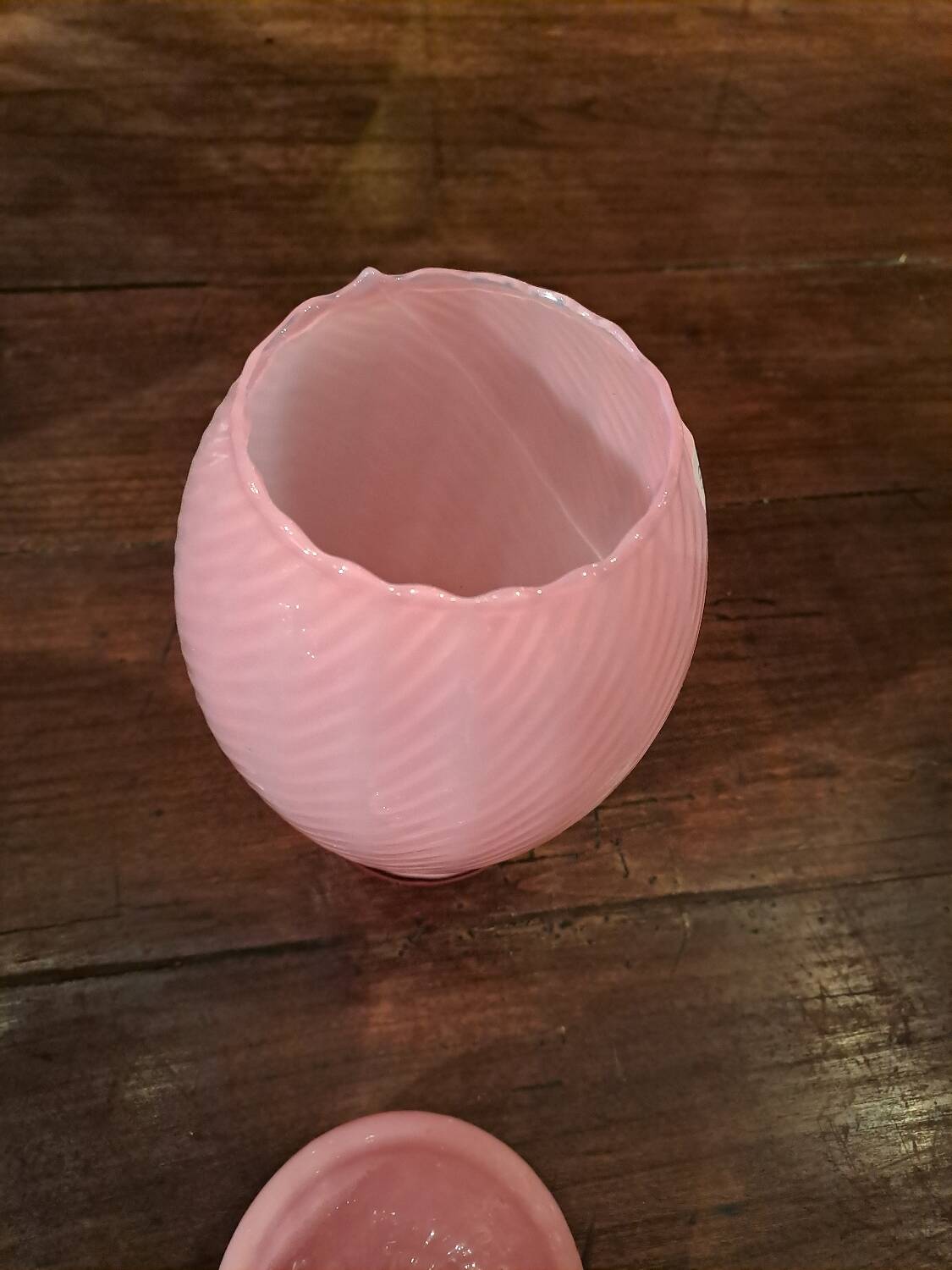 Opalescent pink glass cotton pot