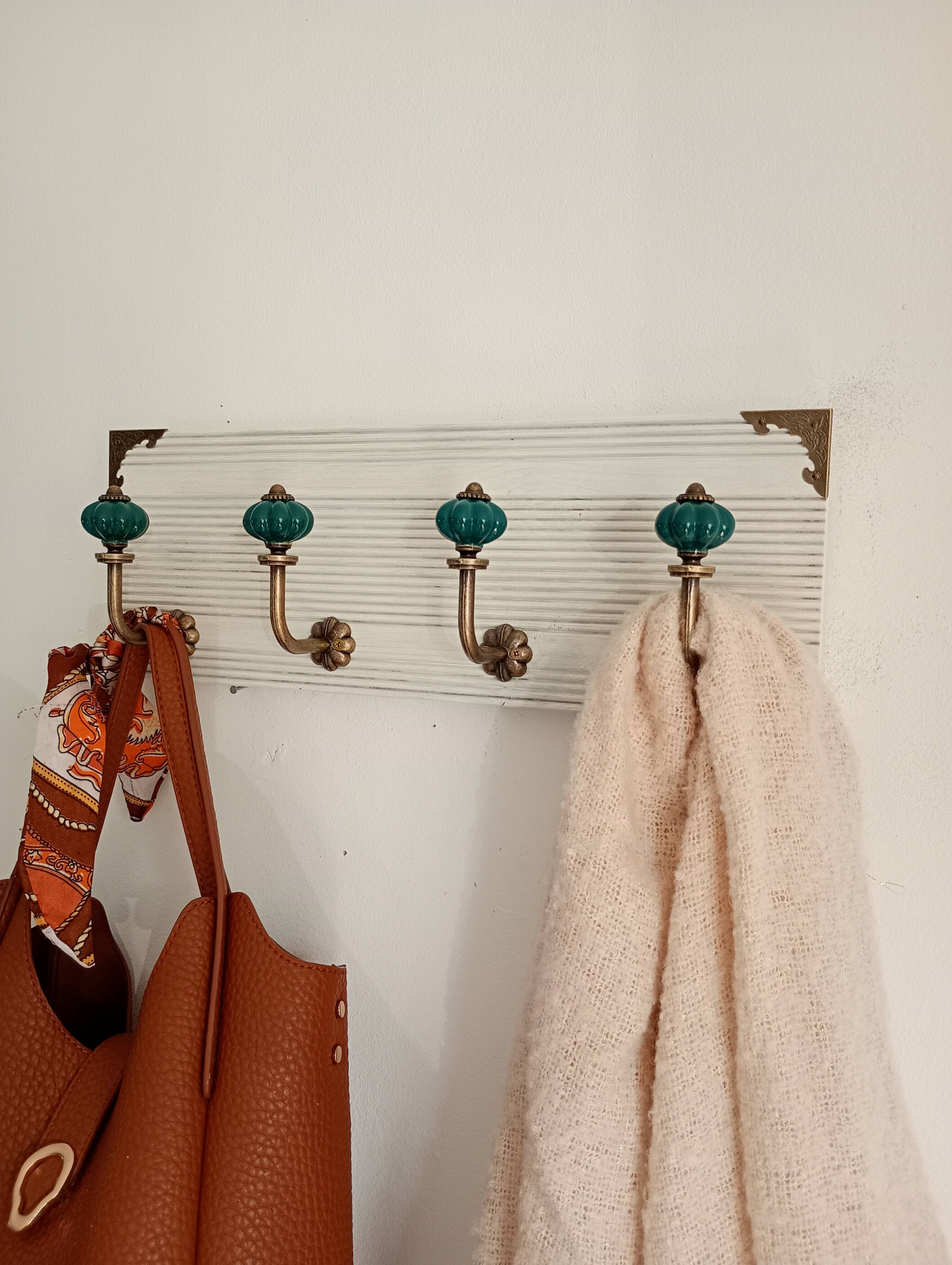 Wall-mounted coat rack in bleached wood and emerald green ceramic hooks –