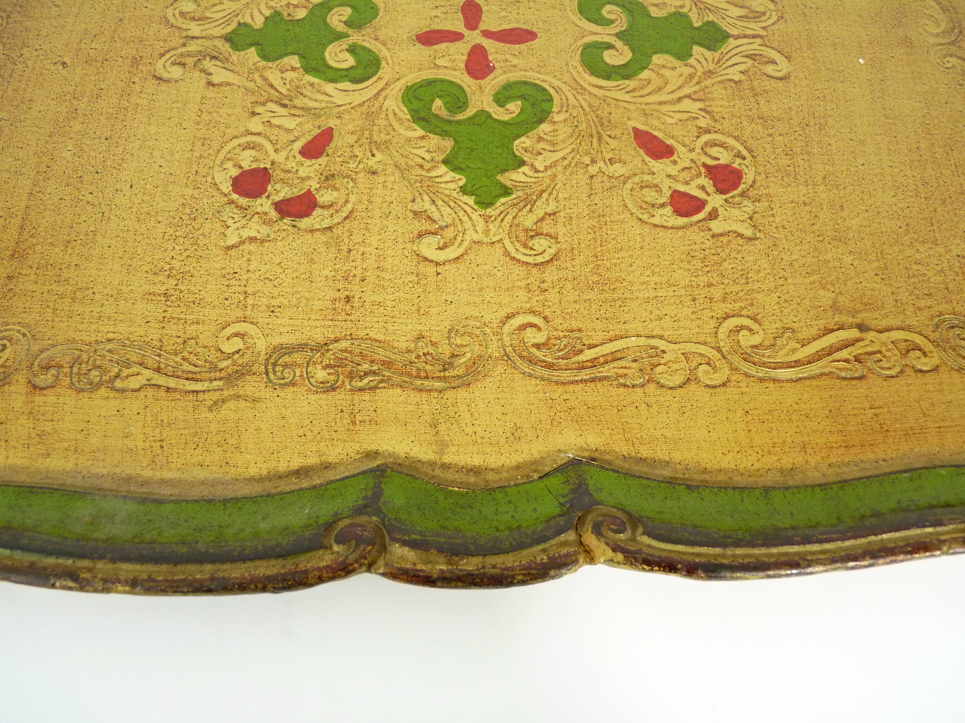 Hand-painted green and gold Florentine tray. Vintage 1950