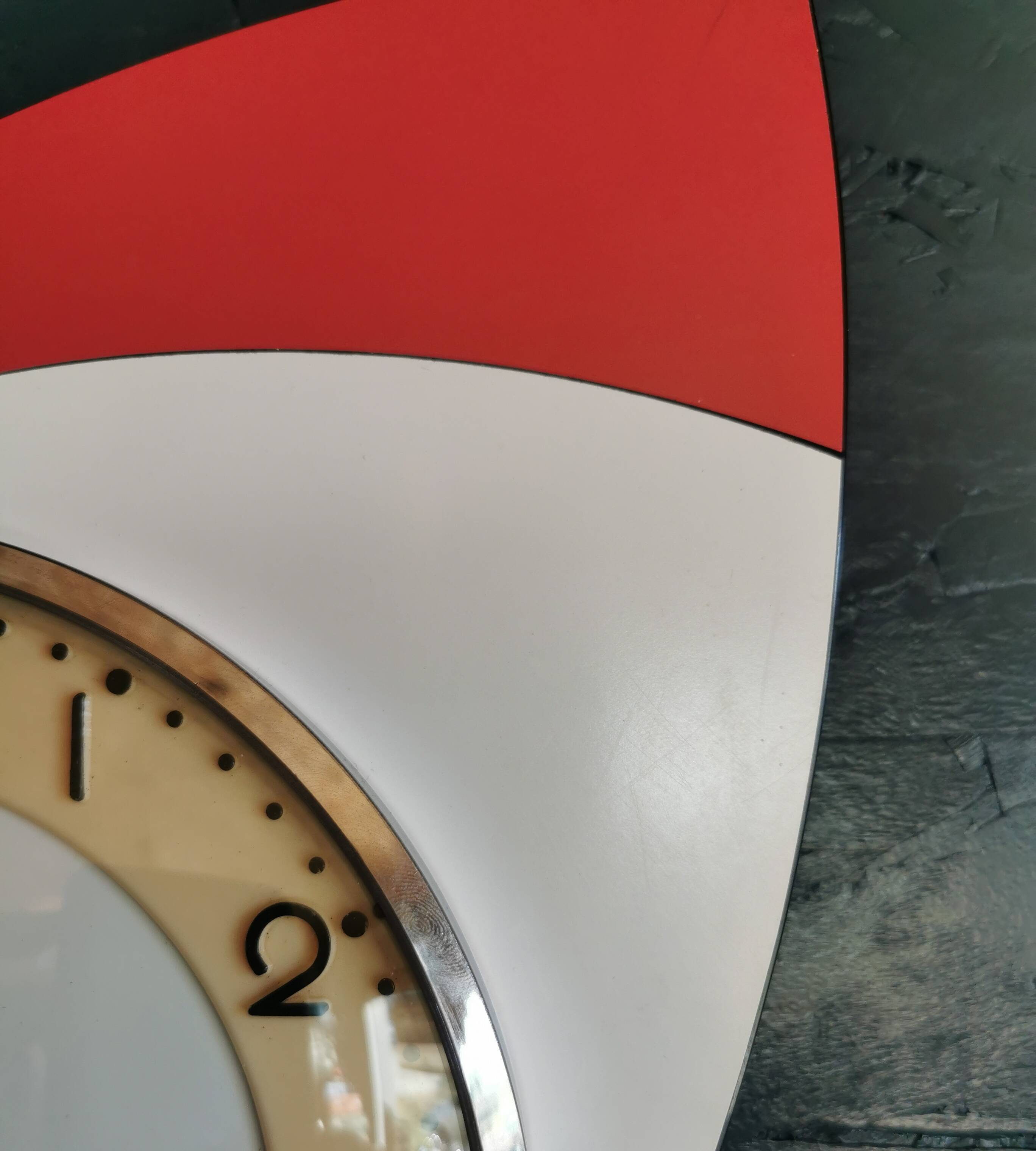 Vintage formica clock silent asymmetrical wall pendulum "BC Paris white red"