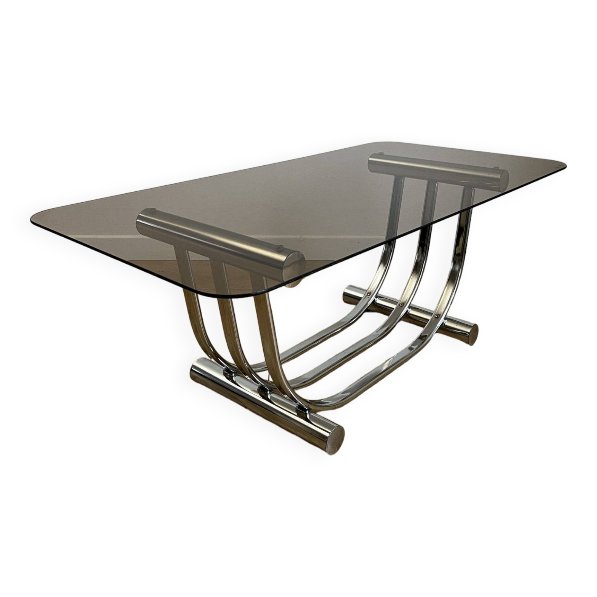 Smoked glass coffee table and chrome base by Yves Boutboul