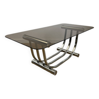 Table basse verre fumé et pied chrome par yves boutboul