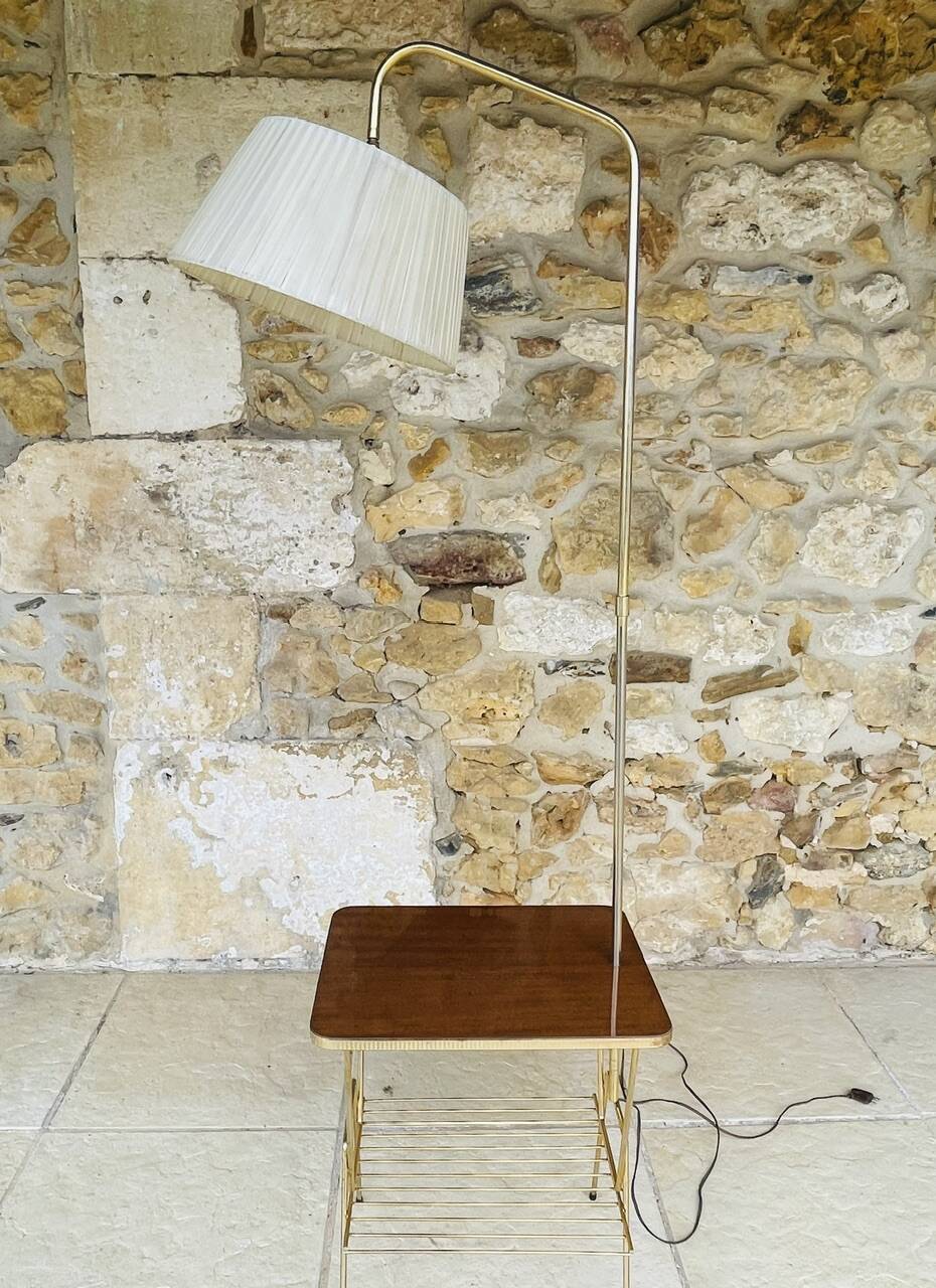 Vintage articulated floor lamp with shelf and magazine holder 1960s