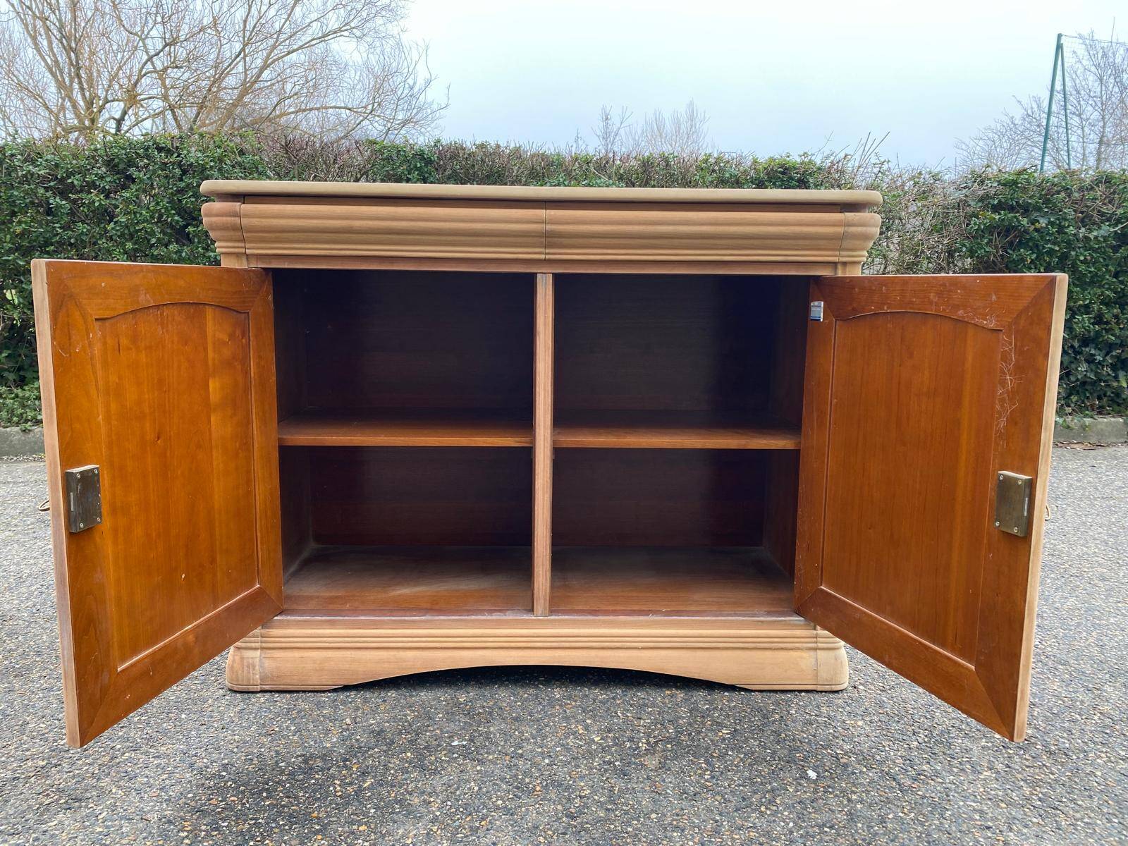 Louis Philippe 2-body sideboard renovated in raw wood with 2 glass doors