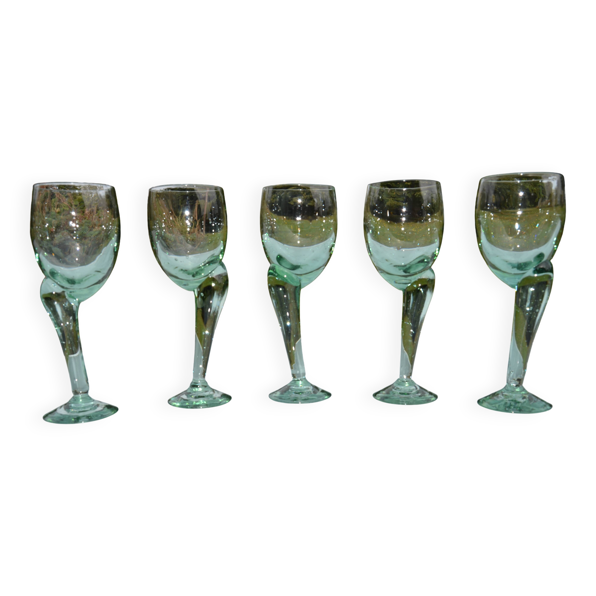 Hand-blown, bubbled stemmed glasses with offset feet