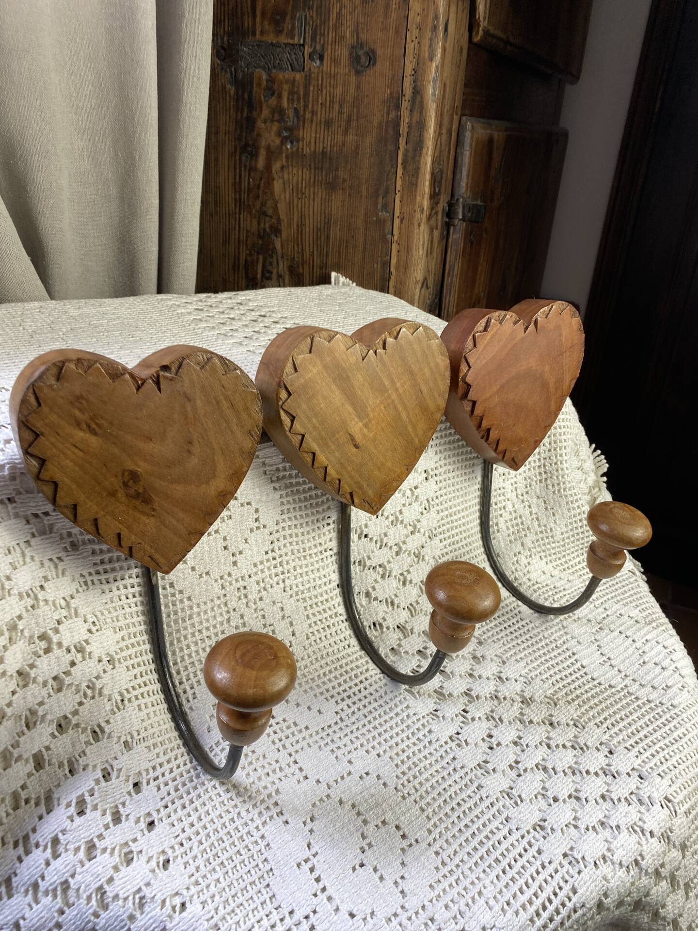 Wall-mounted coat rack, wooden hearts