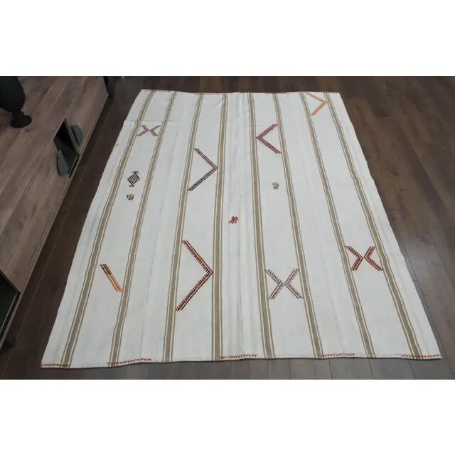 White Brown Antique Handmade Wool Kilim Rug 190x251