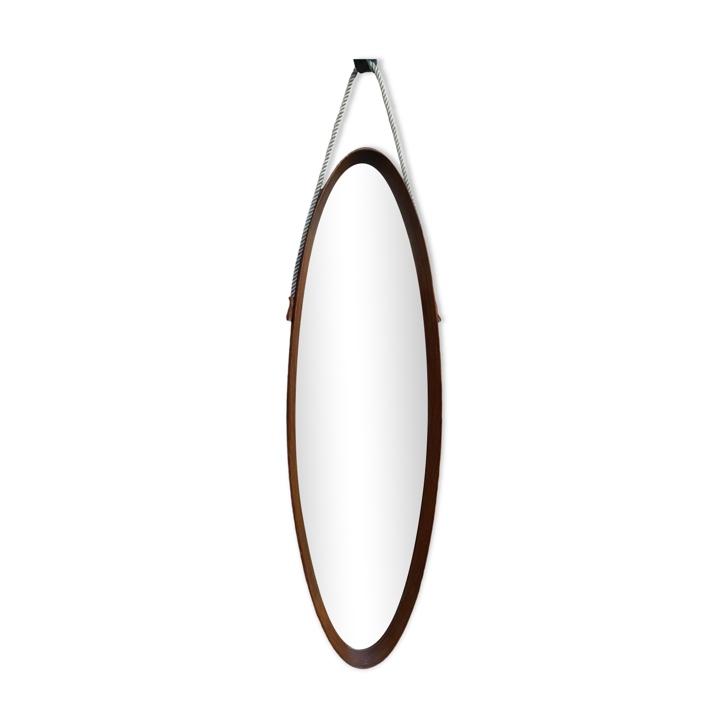 Vintage hanging oval mirror in teak Italian design